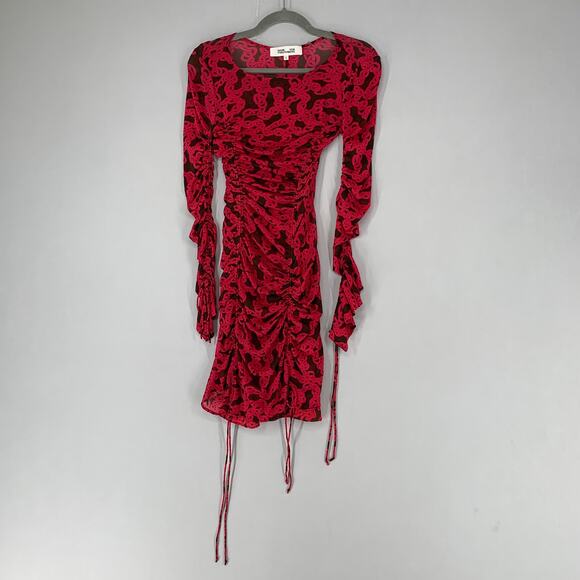 Diane Von Furstenberg Women Corrine Dress S Red Chainlink Ruched Mesh Sheer - Picture 3 of 10